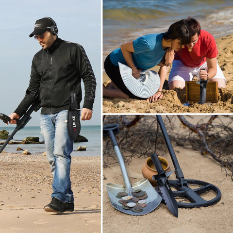 Heavy Duty Serrated Edge Metal Detecting Shovel With Belt Loop Sheath in use on beach, showing metal detecting and treasure discovery.