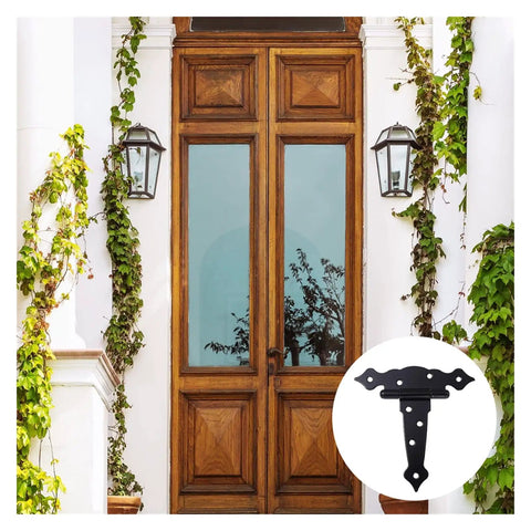 Image of Three Pack T Shape Rustproof Iron Light Duty Shed Hinge for DIY gates and doors, overlay on wooden door background.