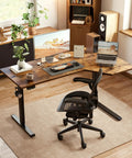 Electric L Shaped Standing Desk With Memory Presets, 55 Inch Long, 32 Inch Wide Corner Sit Stand Desk in home office setting