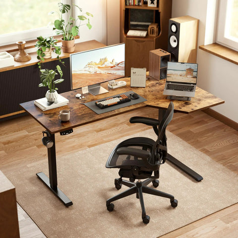 Electric L Shaped Standing Desk With Memory Presets, 55 Inch Long, 32 Inch Wide Corner Sit Stand Desk in home office setting