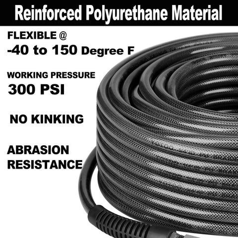 Built Tough 1/4 Inch Polyurethane Air Compressor Hose 100 Feet Long Flows Smooth Without Kinks with reinforced material and no kinking.
