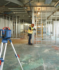 LR10 500 Ft Red Beam Rotary Laser Receiver Kit with Mounting Bracket in use on a construction site for precise leveling