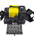 Heavy Duty Workhorse Drill Bit Grinder Sharpener Adjustable 3 To 26 Mm Angle Drill Tool With 24 Piece Collector Set, shown opened.