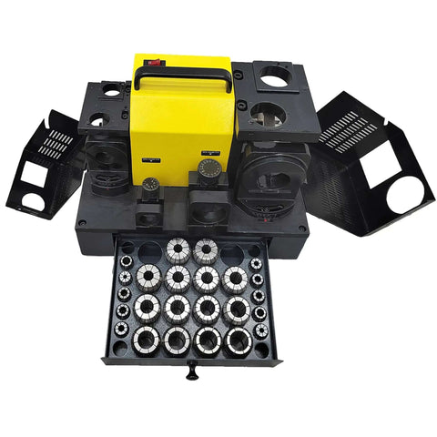 Heavy Duty Workhorse Drill Bit Grinder Sharpener Adjustable 3 To 26 Mm Angle Drill Tool With 24 Piece Collector Set, shown opened.