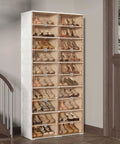 Portable Shoe Rack Organizer For Closet And Entryway, The Go To 10 Tier Sneaker Storage Cabinet With Magnetic Clear Door, shown in use.
