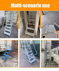 Images showing Rock Solid Rolling Warehouse Ladder With Spacious Work Platform And Slick Glide Casters in various settings.