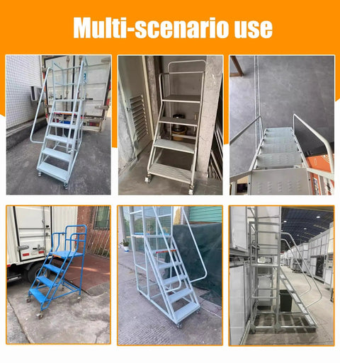 Images showing Rock Solid Rolling Warehouse Ladder With Spacious Work Platform And Slick Glide Casters in various settings.