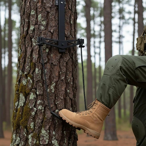 4 Pcs Climbing Stick Aiders For Hunting Daisy Chain Single Step Aider 800 Lb Capacity attached to a tree with boot stepping on it