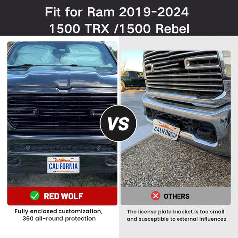 Comparison of front license plate brackets for 2019-2024 Ram 1500, showing secure fit versus loose fit with California plates.