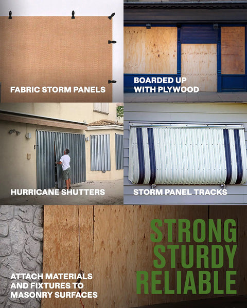 Various storm protection methods: fabric storm panels, plywood boards, hurricane shutters, storm panel tracks and attachment surfaces.