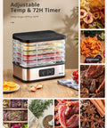 Five Tray Electric Food Dehydrator With Smart Digital Controls And Flexible Temp Settings, featuring fruits, vegetables, and jerky.