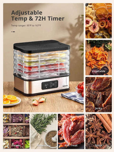 Five Tray Electric Food Dehydrator With Smart Digital Controls And Flexible Temp Settings, featuring fruits, vegetables, and jerky.