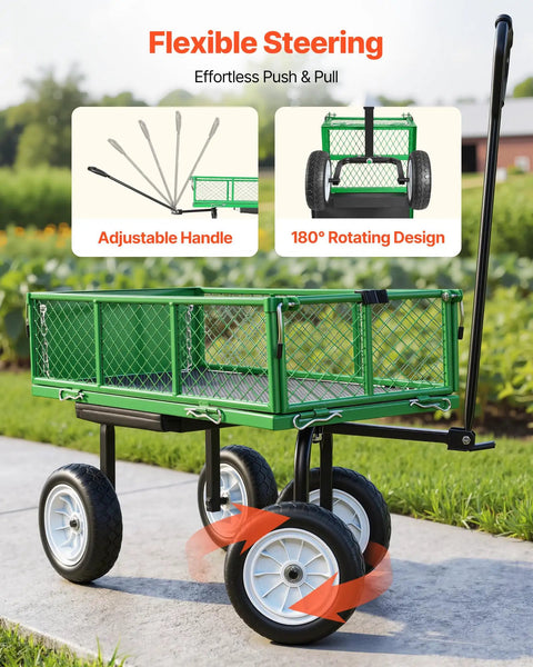 Beast Mode 500 Lbs Garden Cart With Seat, 2-In-1 Wagon And Stool showing adjustable handle and 180-degree rotating wheels.
