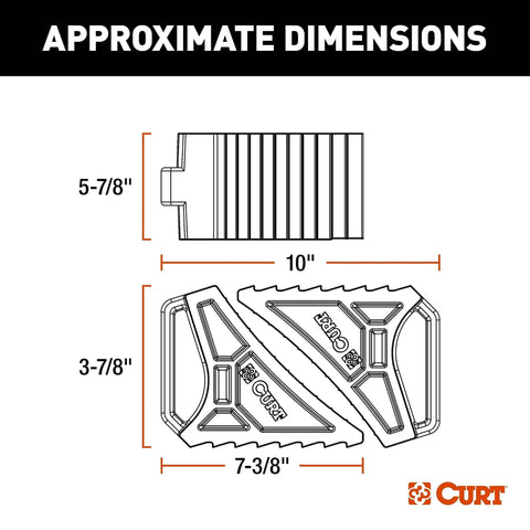 Heavy Duty Wheel Chocks 2 Pack With Mounting Bracket For Trailers Trucks And RVs shown with approximate dimensions of 10 x 5-7/8 inches.