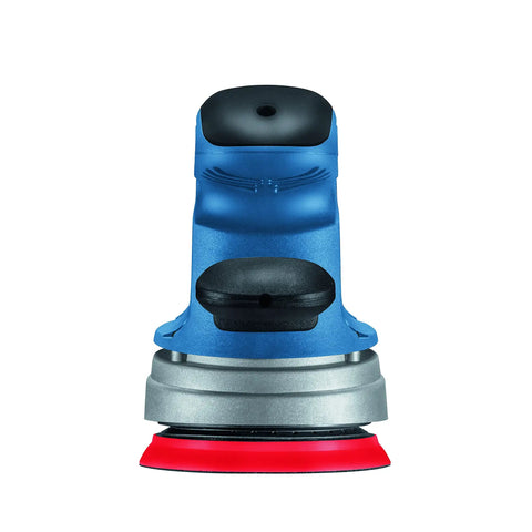 5 Inch Multi Hole Random Orbit Sander And Polisher with Pad Dampening System, front view showing blue and black handle.