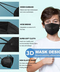 Kid friendly KN95 face mask worn by boy, 5-layer cup design, black, with adjustable ear loops, 3D design for daily use.