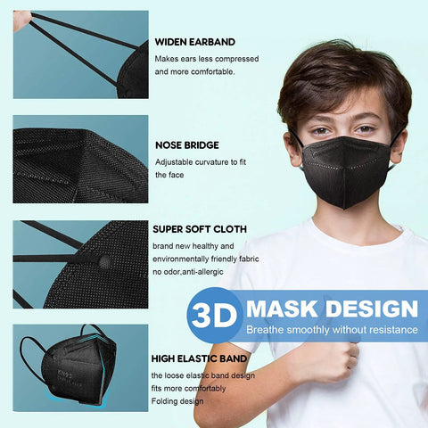 Kid friendly KN95 face mask worn by boy, 5-layer cup design, black, with adjustable ear loops, 3D design for daily use.