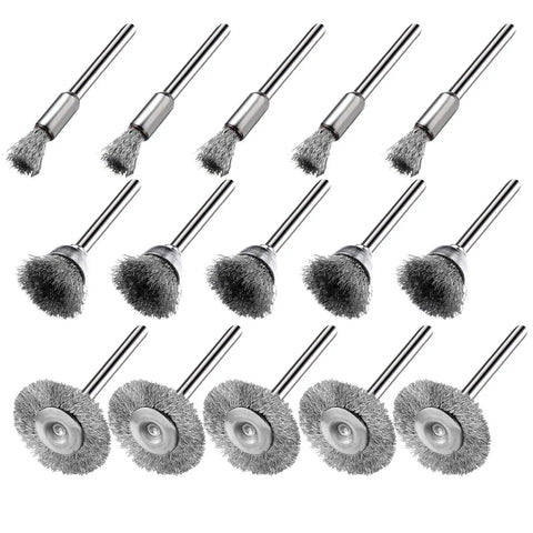 15 Piece Stainless Steel Wire Brush Kit For Dremel And Rotary Tools With Pen Shaped, Cup Shaped, And Wheel Shaped Bristles