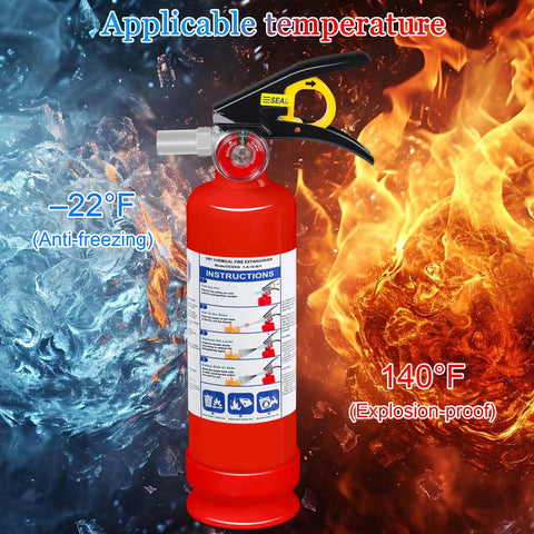 Four Pack Dry Chemical Fire Extinguisher 2.5 Pound With 1A 10B C Rating Quick Release Handle against ice and fire background