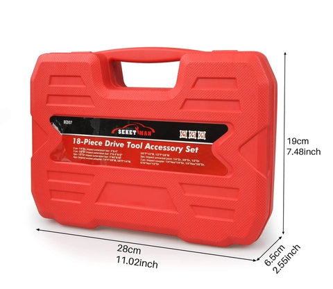 Red case holding 18 Piece Heavy Duty Pro Grade Drive Tool Accessory Set With Extension Bars Socket Adapters Swivel Universal Joints.