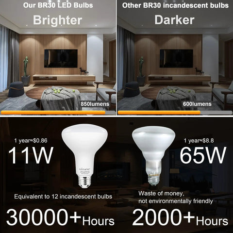 Comparison of BR30 Flood LED Light Bulbs 5000K Daylight 65W Equivalent E26 Base and incandescent bulbs in living room setting