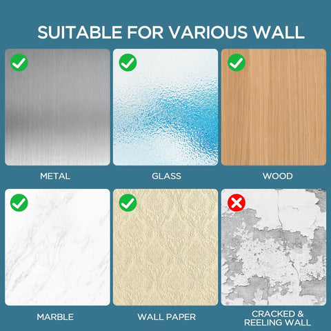 Suitable surfaces for Transparent Door Stop Set With 9 Self-Adhesive Bumpers include metal, glass, wood, marble, wall paper.