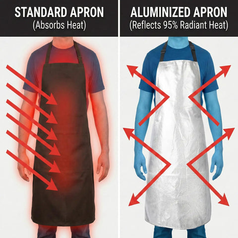 Comparison of standard apron and Badass Aluminized Heat Resistant Cover With Rock Solid Fireproof Safety Gear, showing heat absorption and reflection.