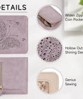 Slim RFID Blocking Wallet For Women Ultra Thin Bifold Card Holder Compact Purple Mini Wallet features butterfly design with zipper and ID window.