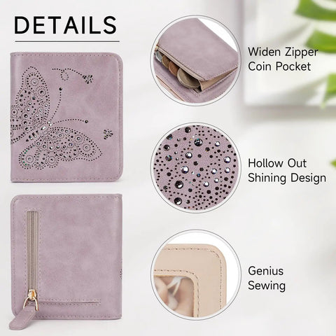 Slim RFID Blocking Wallet For Women Ultra Thin Bifold Card Holder Compact Purple Mini Wallet features butterfly design with zipper and ID window.