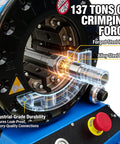 Close-up of 12V Hydraulic Hose Crimper showing forged steel head and alloy steel lock, highlighting 137 ton capacity.