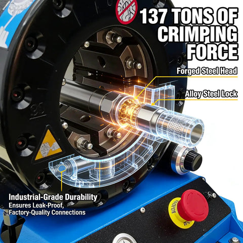 Close-up of 12V Hydraulic Hose Crimper showing forged steel head and alloy steel lock, highlighting 137 ton capacity.
