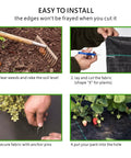 Steps for installing Heavy Duty 4ft By 300ft Weed Barrier Landscape Fabric showing raking soil, cutting, securing, and planting.
