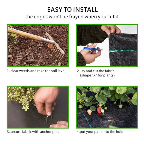 Steps for installing Heavy Duty 4ft By 300ft Weed Barrier Landscape Fabric showing raking soil, cutting, securing, and planting.