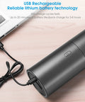 Slick Cordless Mini Handheld Vacuum With Killer Two In One Suction And Air Blaster Mode charging via USB on a wooden surface.