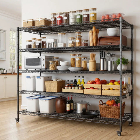 Beefy Rolling Five Tier Wire Shelving Unit With Wheels Adjustable Garage Pantry Kitchen Storage Rack 60 Inch Wide 24 Inch Deep 72 Inch High 3500 Lbs Static Load 700 Lbs Per Shelf Dynamic Load, black wire shelving in kitchen pantry