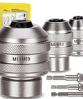 Heavy Duty Tap Socket Set With Adjustable Handle 6 Piece CR MO Steel Kit Including Metric M3 To M19 Sockets And One Quarter Three Eighths One Half Inch Adapters Extraction Tool For Quick Slip Free Fastening displayed with adapters and storage case.