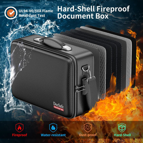 Fireproof Document Box With Lock And Hard Shell Organizer For Home Office And Travel, Water Resistant Safe Box, Black.