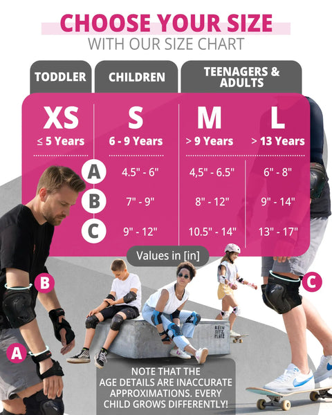 Size chart with images of adults and teens wearing Knee And Elbow Pads For Adults Pink White Protective Gear PROTECT 1.