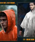 Two models wearing 4 Pack Emergency Ponchos With Thickened Mylar Blanket Lining, Windproof Waterproof Thermal Orange Survival Gear.
