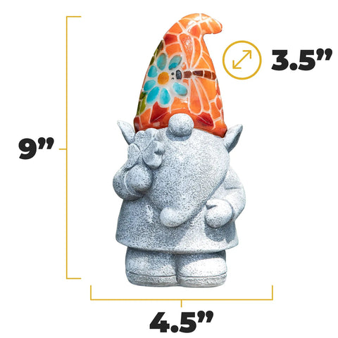 Chillin Gnomes Solar Powered LED Outdoor Light Set Of 2 For Garden Patio And Lawn with colorful floral hat, 9-inch tall.