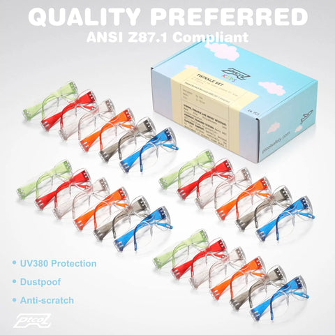 Kid Friendly 24 Pack Safety Glasses With Clear Lenses, ANSI Z87.1 Approved, Assorted Twinkle Color Frames next to box