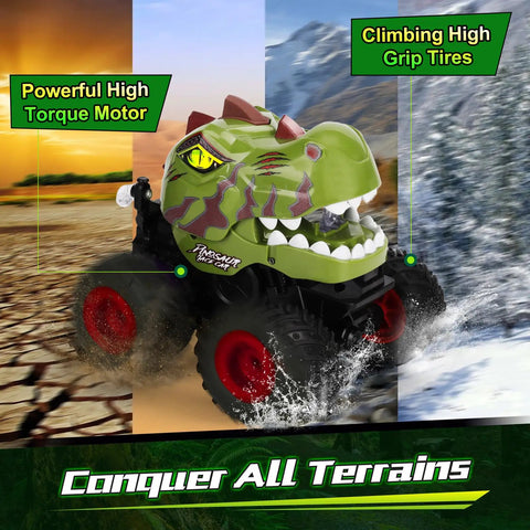 Remote Control Dinosaur Monster Truck For Kids Ages 4 7 8 12 With 50 Minutes Plus Runtime LED Lights Spray Effect outside