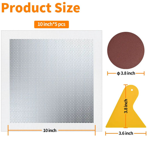 Wall Patch Drywall Repair Kit 10 X 10 Inch Self Adhesive Mesh Patch shown with dimensions and additional tools