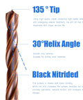 Close-up of Three Sixteenth Inch HSS M35 Cobalt Twist Drill Bit showing 135° tip, 30° helix angle, and black nitride details.