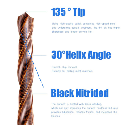 Close-up of Three Sixteenth Inch HSS M35 Cobalt Twist Drill Bit showing 135° tip, 30° helix angle, and black nitride details.