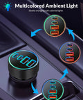 Four Port 90W Car Charger with Dual USB C and USB A Ports Delivers Fast PD 45W and QC 45W Charging, multicolored ambient light