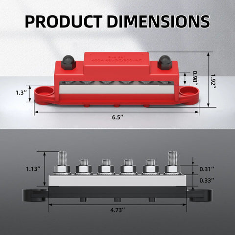 Badass 400A Power Distribution Bus Bar With Six M8 Studs dimensions showing height and width for installation in solar marine RV systems.