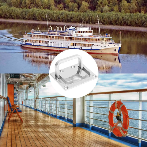 Two Pack 316 Stainless Steel Hatch Pull Flush Ring Handles With Mount Screws shown on boat deck and scenic riverboat view.