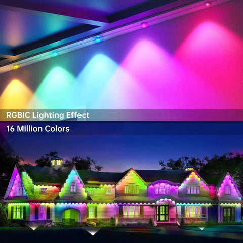 Colorful RGBIC lighting illuminating a house with 16 million colors effect, showcasing vibrant decoration capabilities.