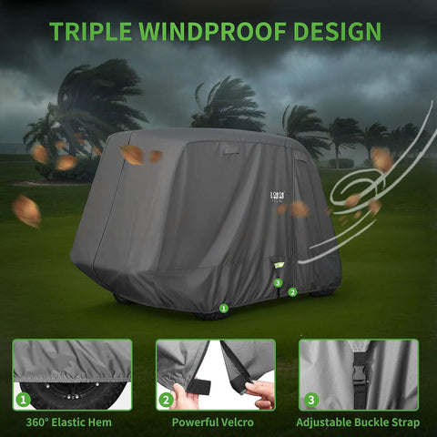 Heavy Duty Golf Cart Cover For 2, 4, Or 6 Passengers Universal Fit For EZGO Club Car Yamaha with windproof design in windy setting